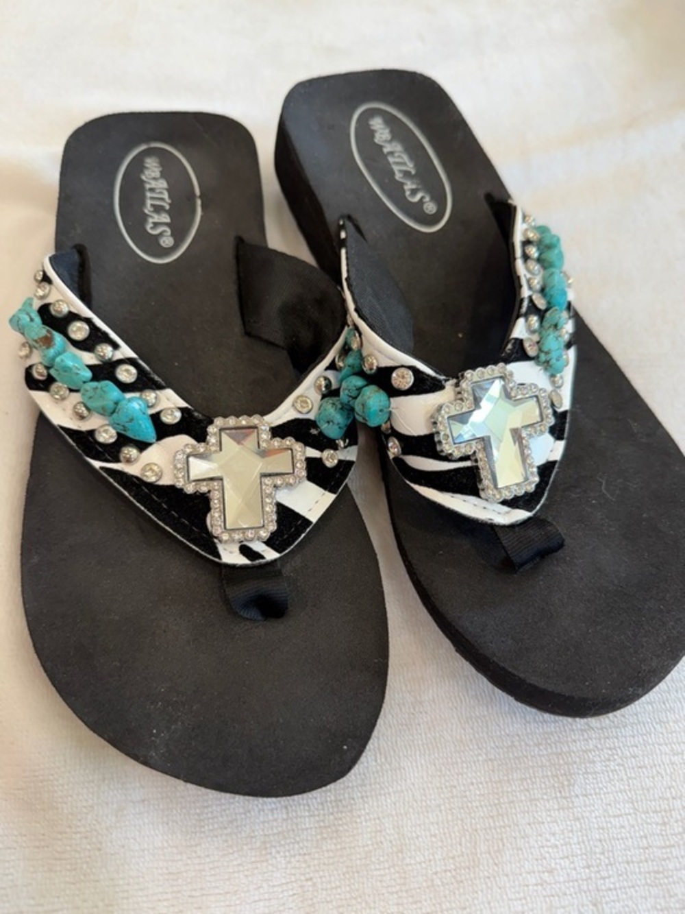 Embellished Black Zebra Sandals with Turquoise Accents